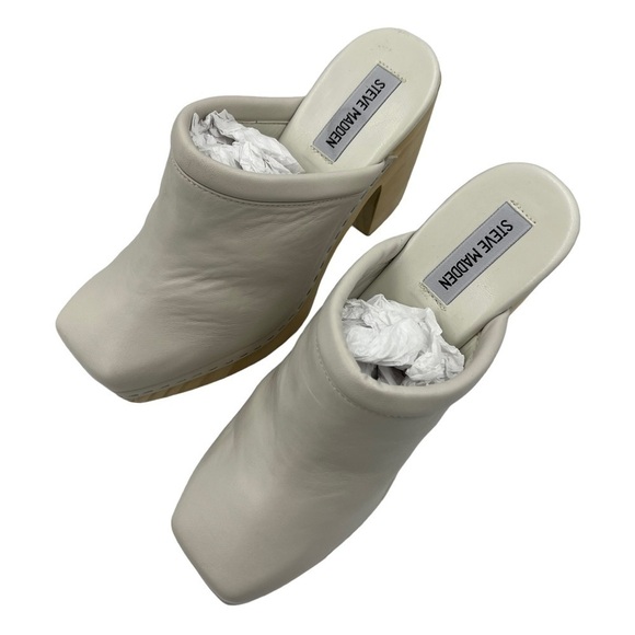 NWOT STEVE MADDEN Alvara Leather Block Heeled Mule Sandals Bone 9.5” - Picture 6 of 13